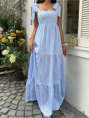 STRIPED Blue and White Tie-Shoulder Maxi Sundress